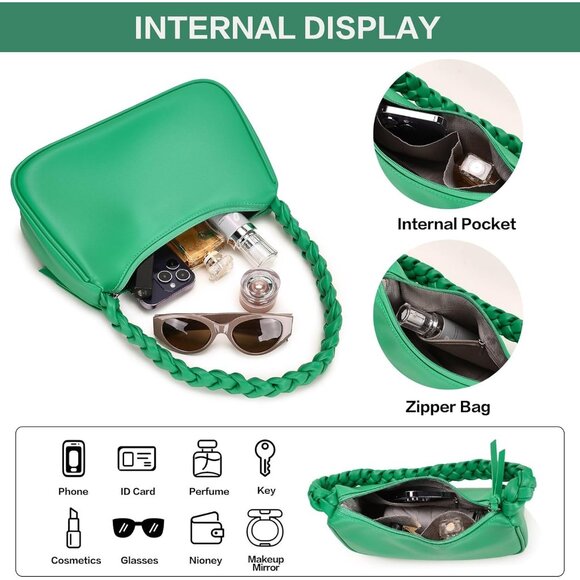 Women's Green Shoulder Leather Bag Cute Mini Hobo Clutch Zipper Closure Handbag - Picture 3 of 8